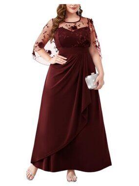 Plus Size Formal Evening Gown 3D Floral Cape Sleeve Maxi Dress